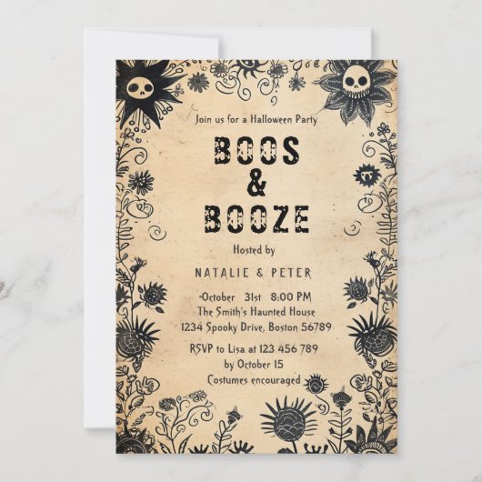 Invitation Boos & Booze I Fleurs Éffrayantes Fête d'Halloween (Devant)
