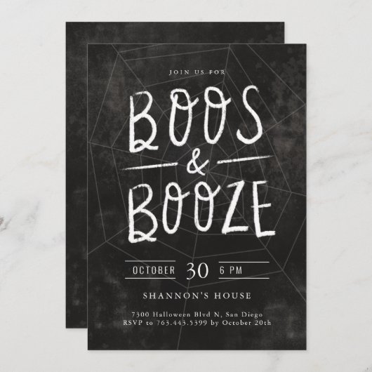Invitation Boos et Booze Chalk Hand Lettré Halloween Party (Devant / Derrière)