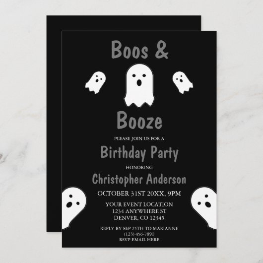 Invitation Boos et Booze Halloween fête d'anniversaire (Devant / Derrière)