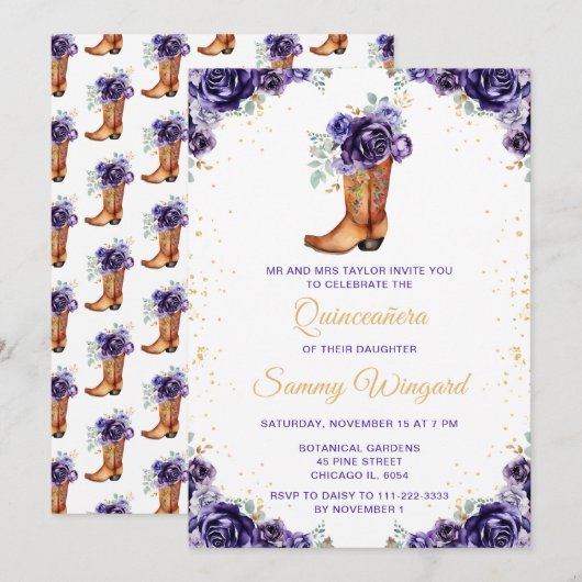 Invitation Boot de cowboy Floral foncé violet or Quinceañera (Devant / Derrière)
