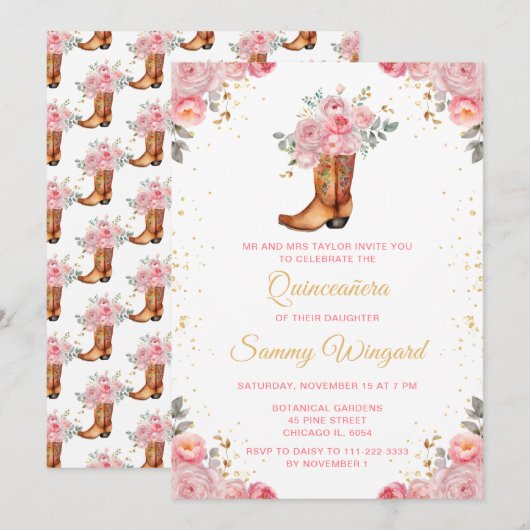 Invitation Boot de cowboy rose rose et or Floral Quinceañera (Devant / Derrière)