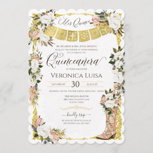 Invitation Boot Floral Charro Blush White Gold Quinceanera (Devant)