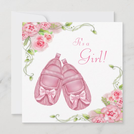 Invitation Booties satinées Rose Baby shower (Devant)