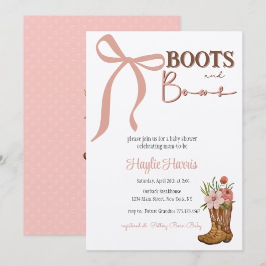 Invitation Boots and Bows Baby Girl Shower (Devant / Derrière)