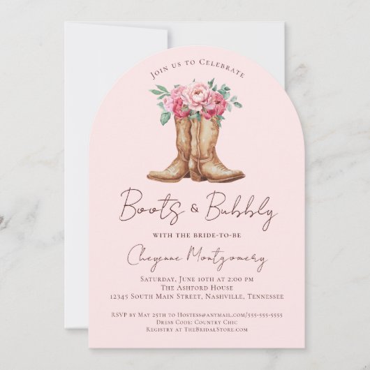 Invitation Boots and Bubbly Blush Pink Floral Bridal Shower (Devant)
