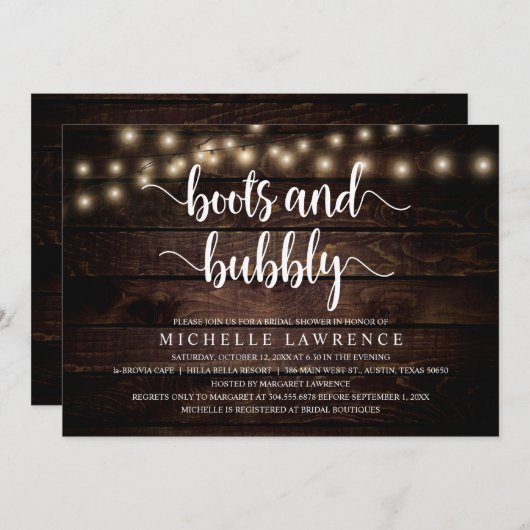Invitation Boots and Bubbly, Fête des mariées rustique (Devant / Derrière)
