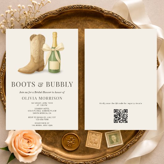 Invitation Boots and Bubbly QR Code Bow Bridal Shower