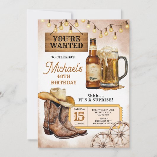 Invitation Boots & Beers Surprise Adulte 40e Anniversaire (Devant)