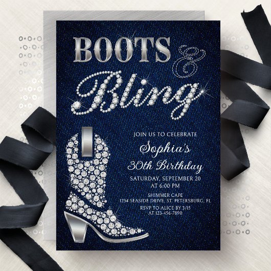 Invitation Boots Bling Denim Western Birthday