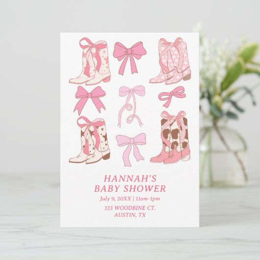 Invitation Boots & Bows Little Cowgirl Baby shower rose (Debout devant)