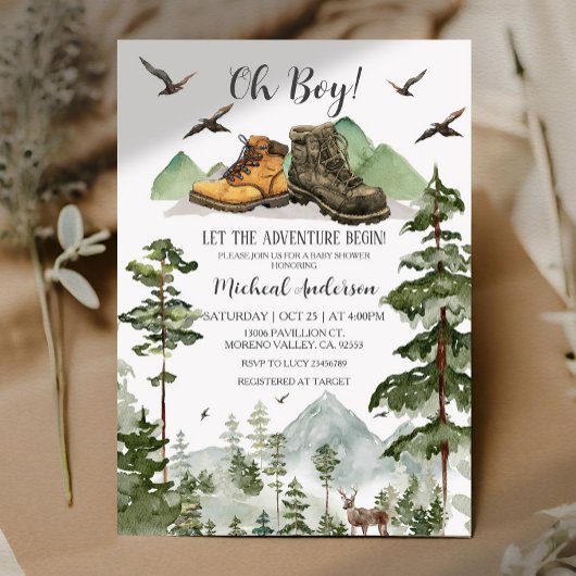 Invitation Boots Boy Pine Adventure Commencer le Baby shower