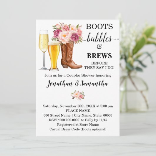 Invitation Boots Bubbles and Brews douche fleurs roses (Debout devant)