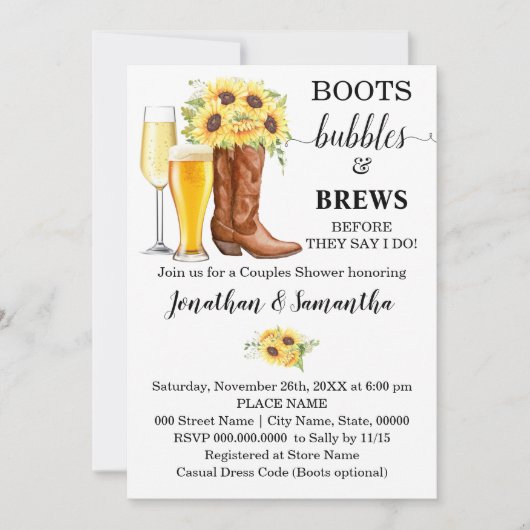 Invitation Boots Bubbles and Brews Wedding shower Sunflowers (Devant)