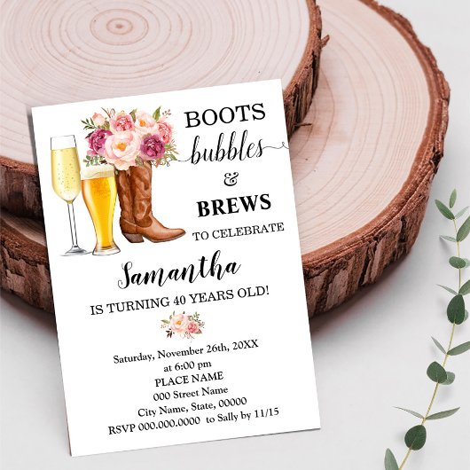 Invitation Boots Bubbles & Brews Pink Flowers Adultes Anniver