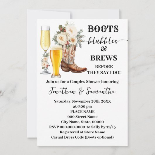 Invitation Boots Bubbles & Brews Winter Bridal Shower (Devant)