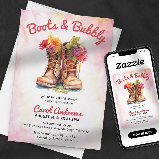 Invitation Boots & Bubbly Aquarelle Fête des mariées florale