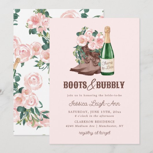 Invitation Boots & Bubbly Floral Champagne Fête des mariées (Devant / Derrière)