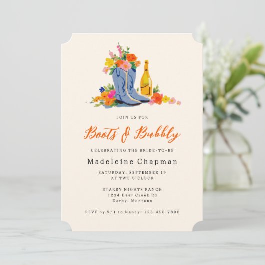 Invitation Boots & Bubbly Modern Cute Floral Bridal Shower (Debout devant)