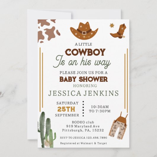Invitation Boots Casquettes occidentaux de Cowboy Baby shower (Devant)