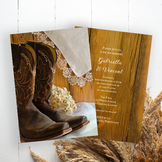 Invitation Boots Cowboy et dentelle Pays Mariage de l'Ouest