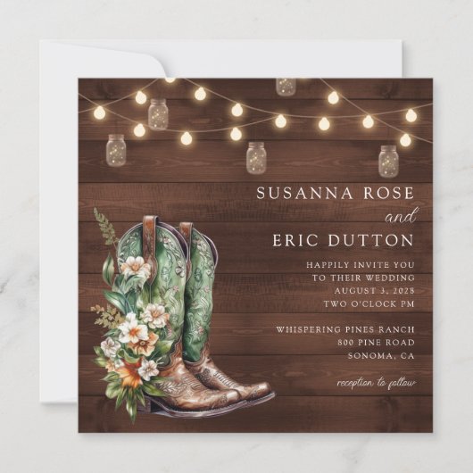 Invitation Boots Cowgirl Cowboy String Lumières Floral Mariag (Devant)