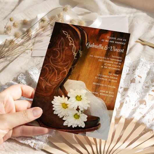 Invitation Boots de cowboy blanc de marguerites Pays Mariage 