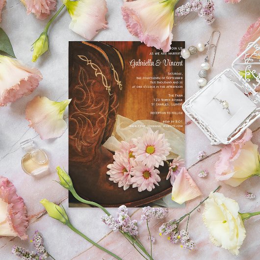 Invitation Boots de cowboy rose Daisées Mariage occidental