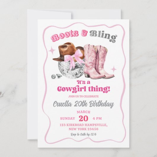 Invitation Boots de cowgirl de l'espace rose et Bling Anniver (Devant)