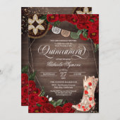 Invitation Boots de fille Rose rouge Western Charro Quinceañe (Devant / Derrière)