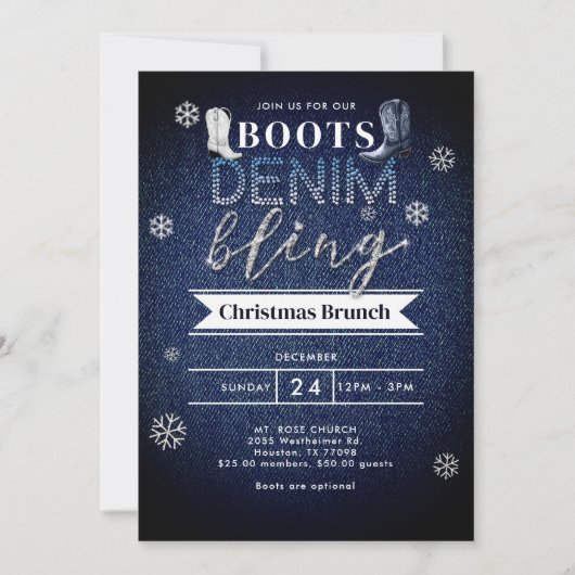 Invitation Boots Denim Bling Christmas Church Brunch Party (Devant)