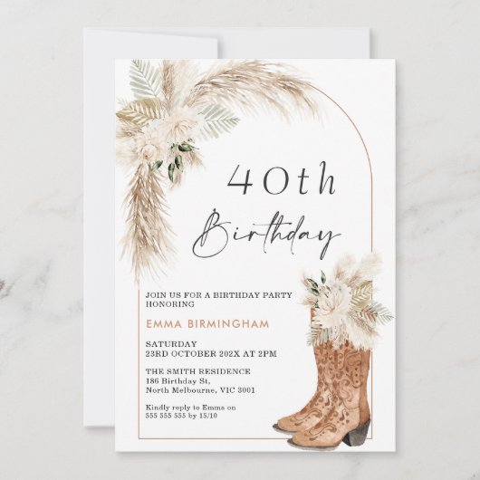 Invitation Boots floraux beiges Boho 40e anniversaire (Devant)