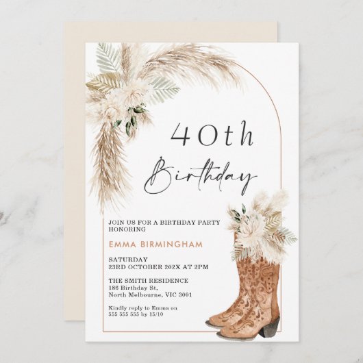 Invitation Boots floraux beiges Boho 40e anniversaire (Devant / Derrière)