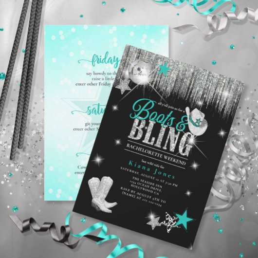 Invitation Boots 'n Bling Disco Bachelorette Wkend Turquoise 