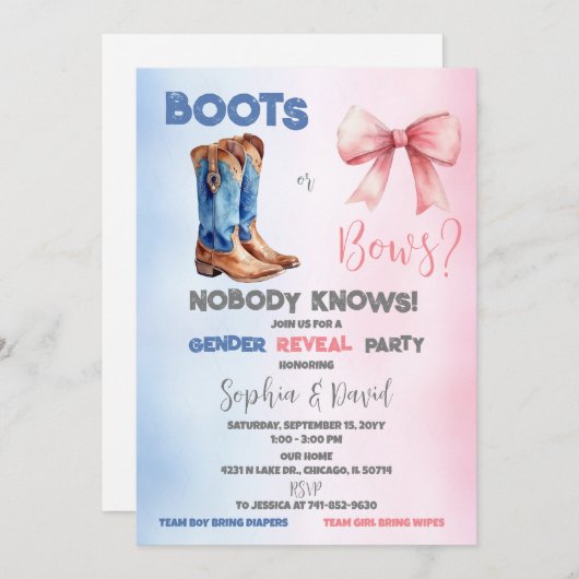 Invitation Boots or Bows Gender Revevela Party (Devant / Derrière)