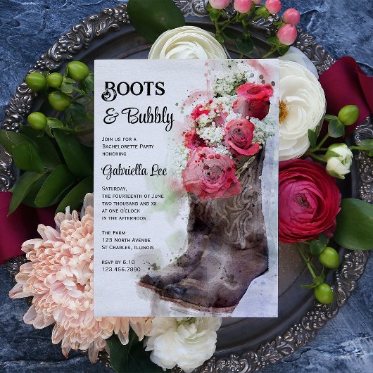 Invitation Boots Roses rustiques et Bubbly Bachelorette Party