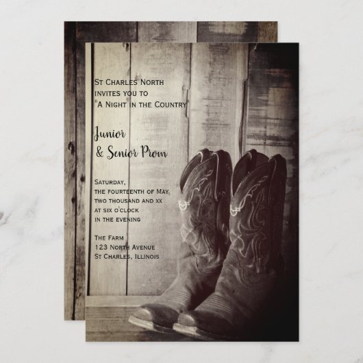 Invitation Boots rustiques Country Junior / Senior Prom (Devant / Derrière)