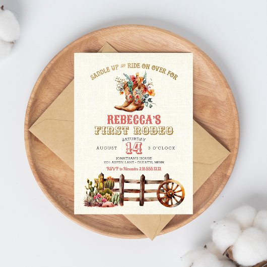 Invitation Boots rustiques Cowgirl 1er Rodéo Anniversaire Inv