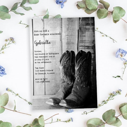 Invitation Boots rustiques Pays Baby shower Ouest