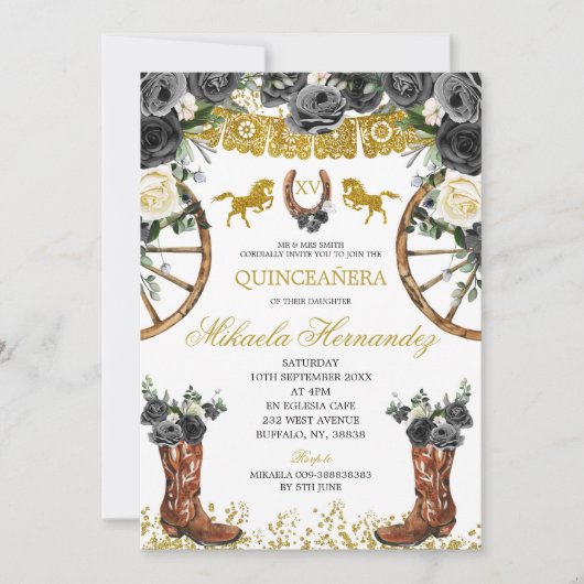 Invitation Boots Western Gold et Black Charra 15 Anos Invitat (Devant)