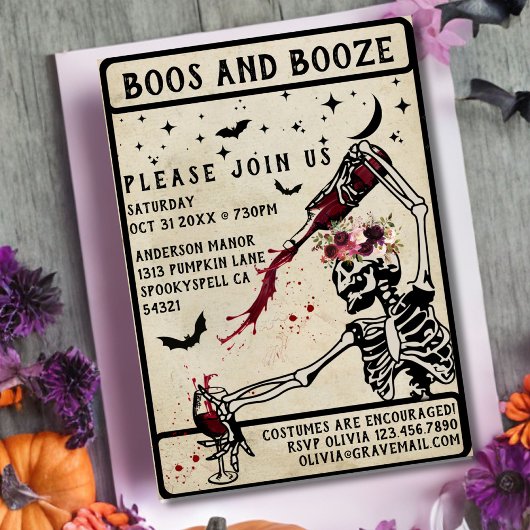 Invitation Booze Adult Vintage Skull Halloween Party
