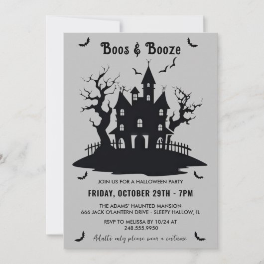 Invitation Booze Et Booze Grey Halloween Party (Devant)