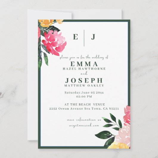 Invitation Boquet de pivoine rose sur Mariage vert (Devant)
