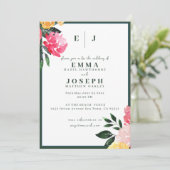 Invitation Boquet de pivoine rose sur Mariage vert (Debout devant)