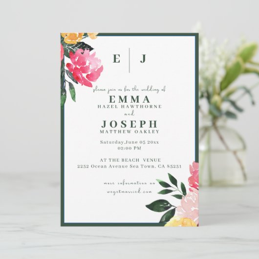 Invitation Boquet de pivoine rose sur Mariage vert (Debout devant)