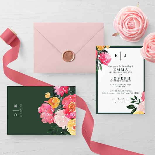 Invitation Boquet de pivoine rose sur Mariage vert