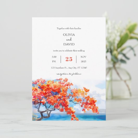 Invitation Bord de mer Tropical Flame Tree Blossoms Plage Mar (Debout devant)