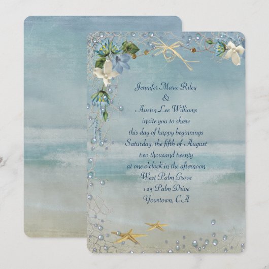 Invitation bord de mer turquoise avec étoiles de mer et bulle (Devant / Derrière)