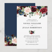 Invitation bordeaux et marine, rougir mariage rose (Devant / Derrière)