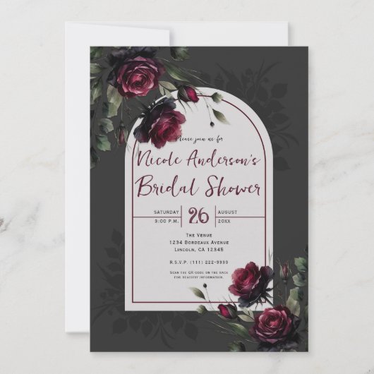 Invitation Bordeaux Red Roses Shadowy Grey Floral Bridal (Devant)