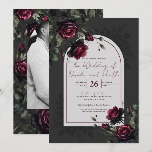 Invitation Bordeaux Red Roses Shadowy Grey Floral Mariage (Devant / Derrière)